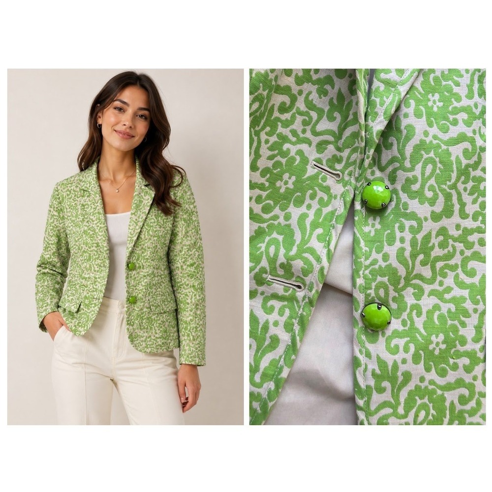 J.Crew Blazer Womens 2Green Floral Scroll Print Retro Office Lined Preppy Career